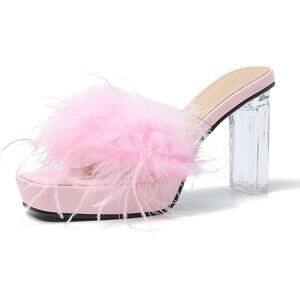 Liuruijia Womens Size 7.5 Clear Strap Pink Feather Square Toe Platform Shoes